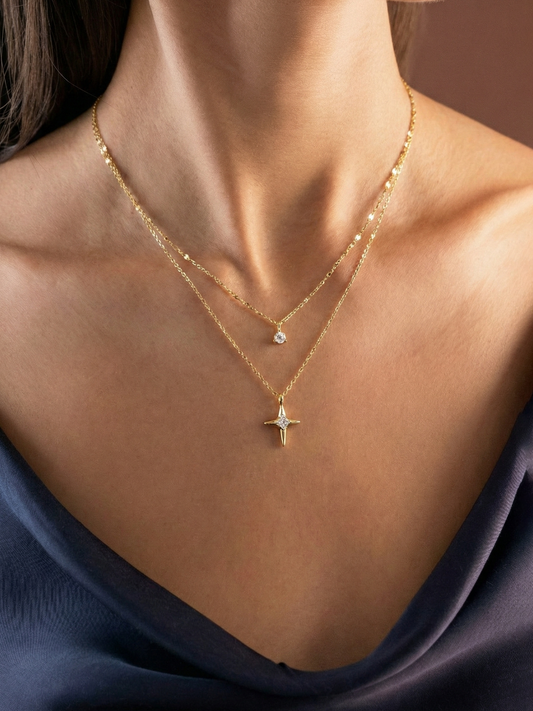 925 Ayar Gümüş Kuzey Yıldızı Katmanlı Kolye – 2’li Zincirli Zirkon Taşlı North Star Kolye