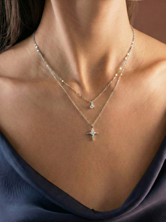 925 Ayar Gümüş Kuzey Yıldızı Katmanlı Kolye – 2’li Zincirli Zirkon Taşlı North Star Kolye
