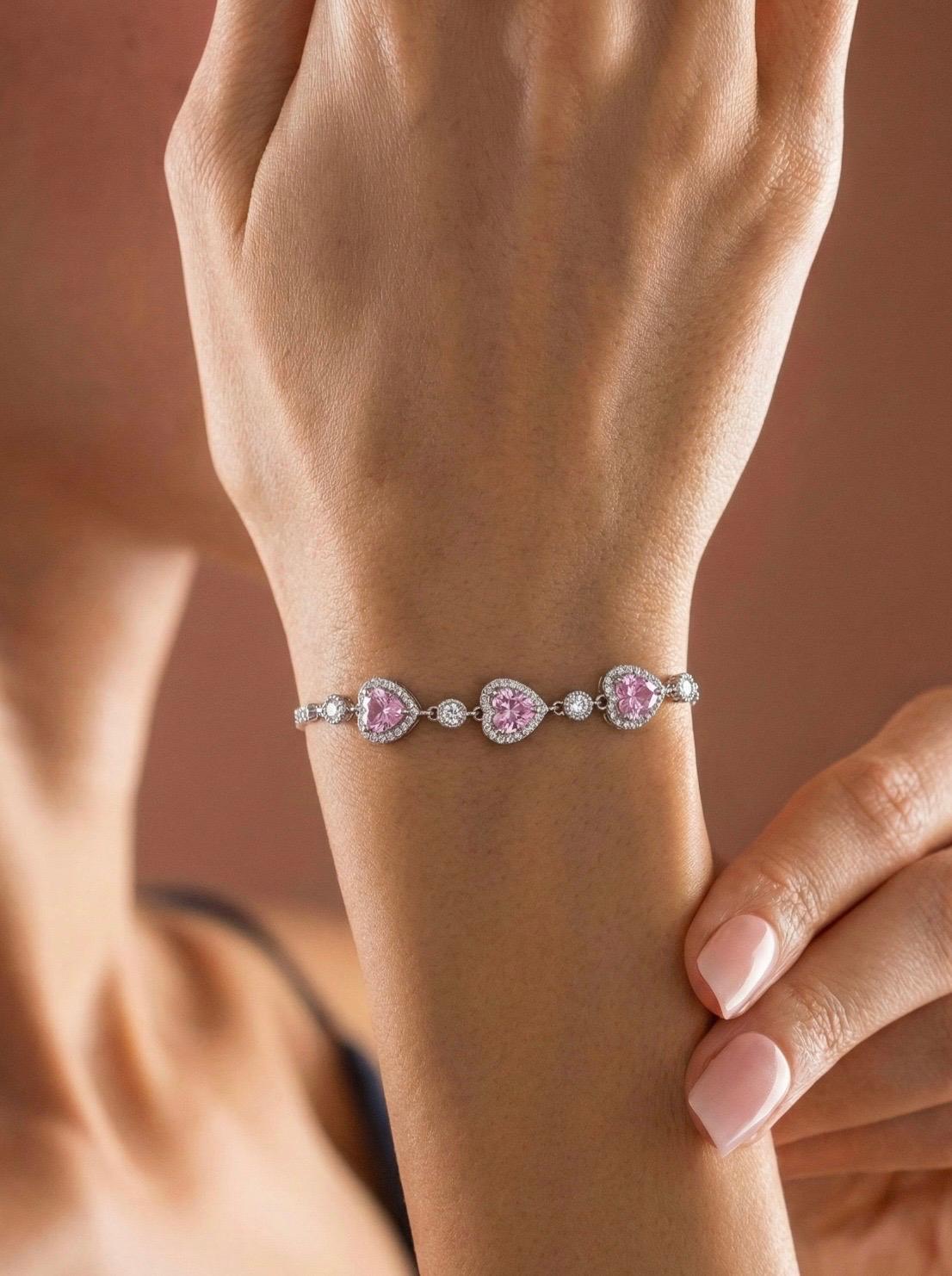 925 Ayar Gümüş Pembe Kalpli Tennis Bileklik