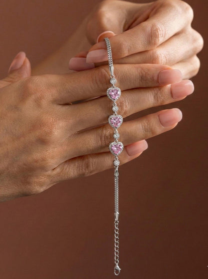 925 Ayar Gümüş Pembe Kalpli Tennis Bileklik